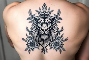 powerful majestic lion with a crown, surrounded by floral ornaments and birds tattoo idea