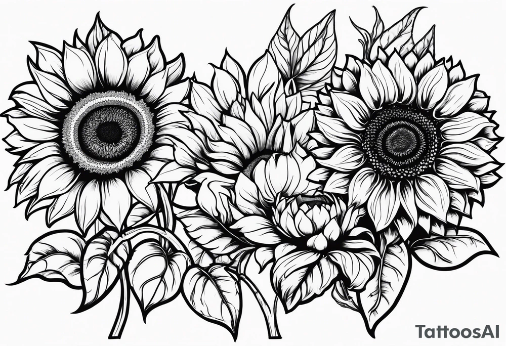 Multiple species of sunflower outline tattoo idea