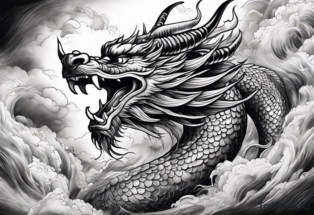 chinese dragon flying through a storm tattoo idea