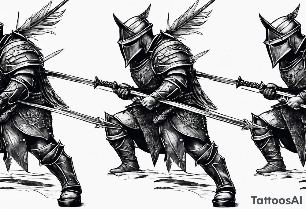 Side profile of a dying knight on his knees with five arrows in his back tattoo idea