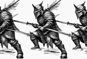 Side profile of a dying knight on his knees with five arrows in his back tattoo idea