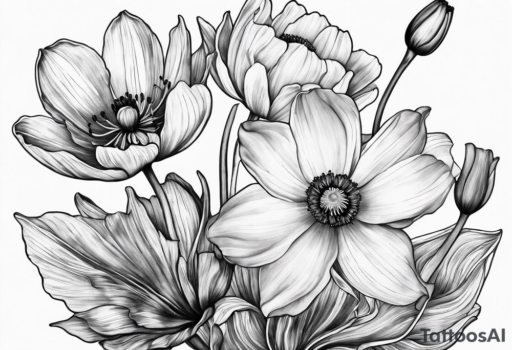 Poppy, water Lilly, Lilly of the valley, daffodil, cosmos bouquet tattoo idea