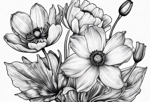 Poppy, water Lilly, Lilly of the valley, daffodil, cosmos bouquet tattoo idea