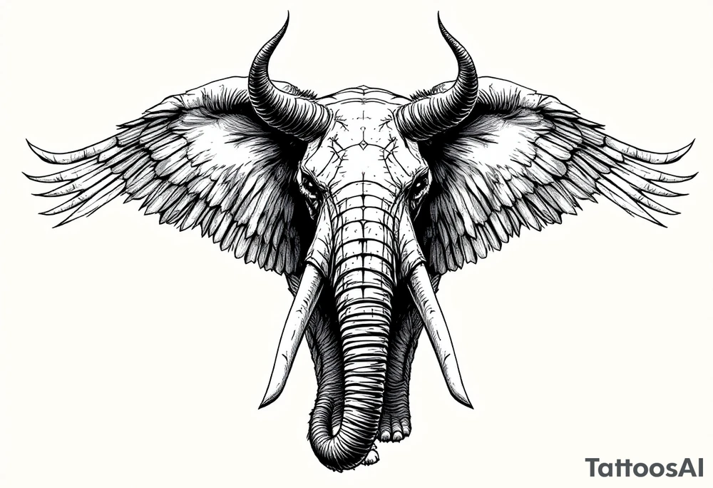 A hieroglyphic, depicting an ancient and gargantuan African elephant with horns protruding from its forehead and wings that resemble that of a falcons tattoo idea