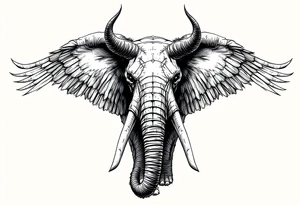 A hieroglyphic, depicting an ancient and gargantuan African elephant with horns protruding from its forehead and wings that resemble that of a falcons tattoo idea