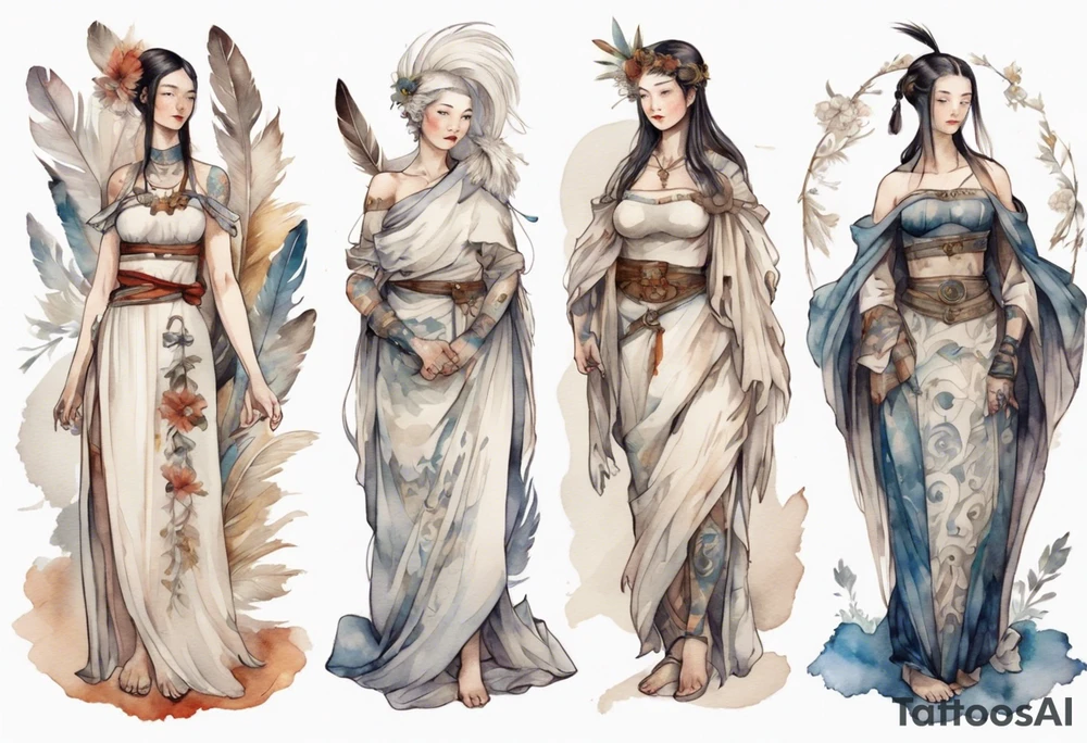 a full body medieval woman with a white feather dress tattoo idea
