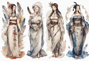 a full body medieval woman with a white feather dress tattoo idea