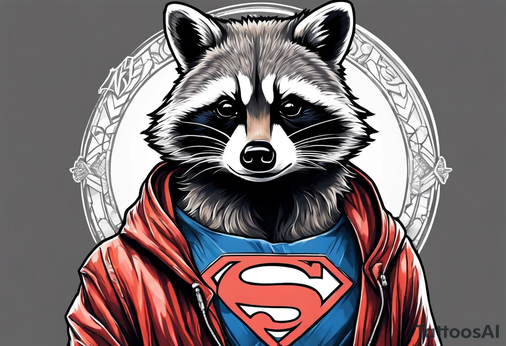 raccoon wearing a Superman hoodie tattoo idea