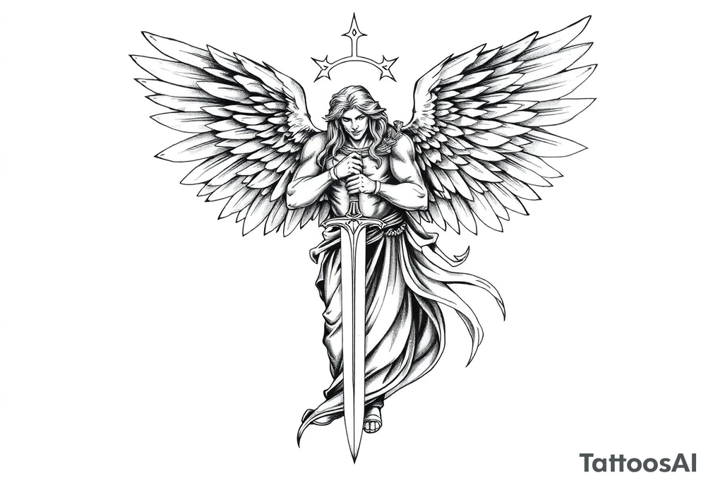 Holy Archangel, Biblical, Christianity, Hebrew, Guards of Christianity, Holding a sword, having six wings, seraphim, seek justice, walk only with God tattoo idea