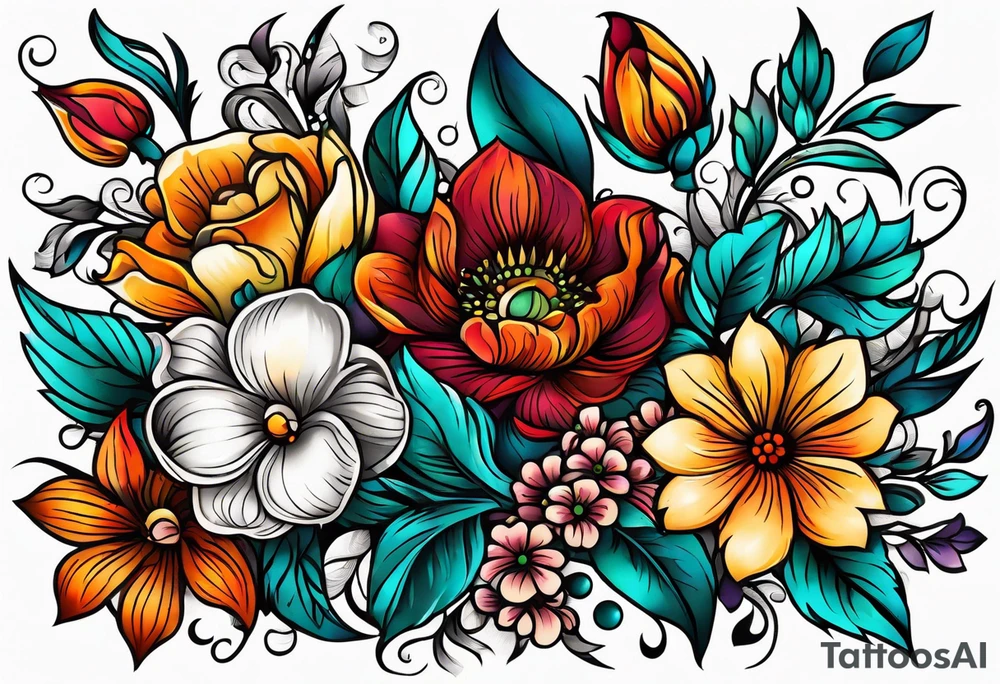 vintage colorful floral print tattoo idea