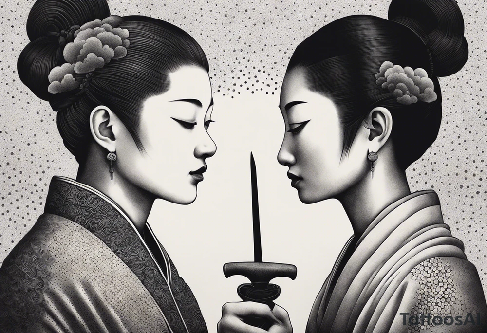 two naked humans with bold heads carving each another with tools. japanese clouds around tattoo idea