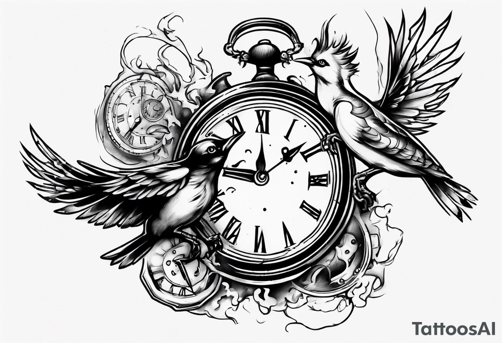 bird burns the clock tattoo idea
