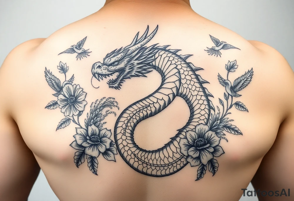 powerful majestic dragon, surrounded by floral ornaments and birds tattoo idea
