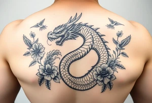 powerful majestic dragon, surrounded by floral ornaments and birds tattoo idea