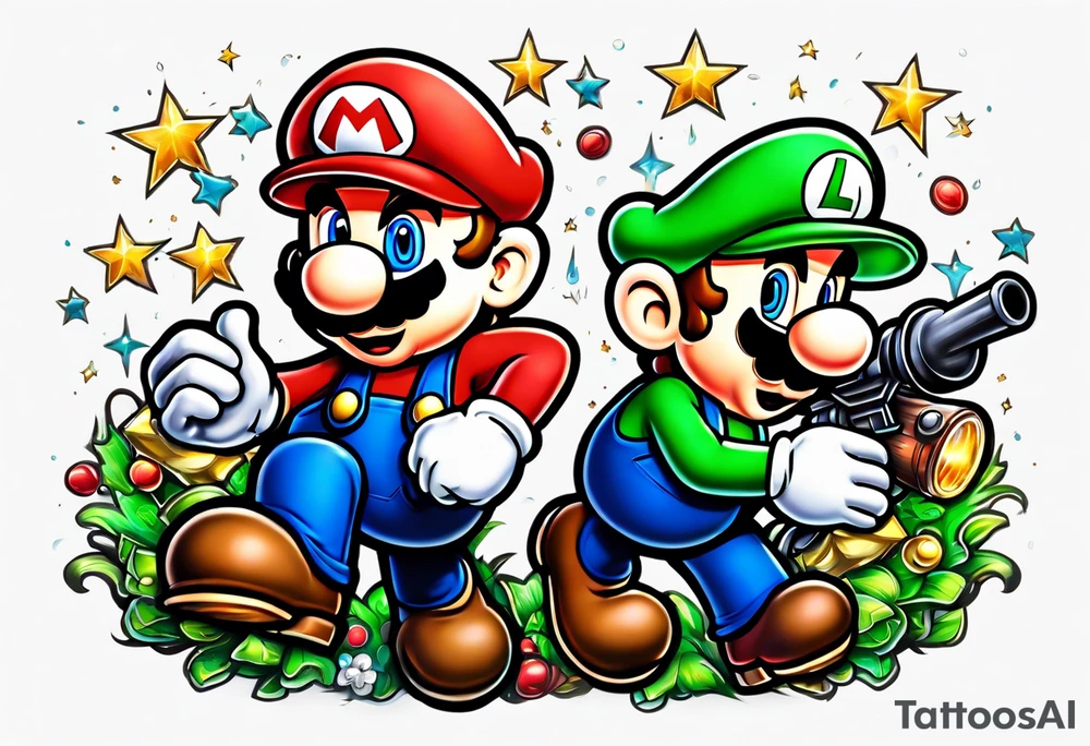 Mario and Luigi with toadstool and cannons and bombs stars tattoo idea