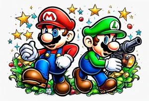 Mario and Luigi with toadstool and cannons and bombs stars tattoo idea