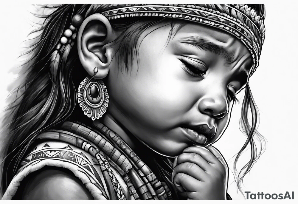 Little girl crying with native fathers spirit tattoo idea