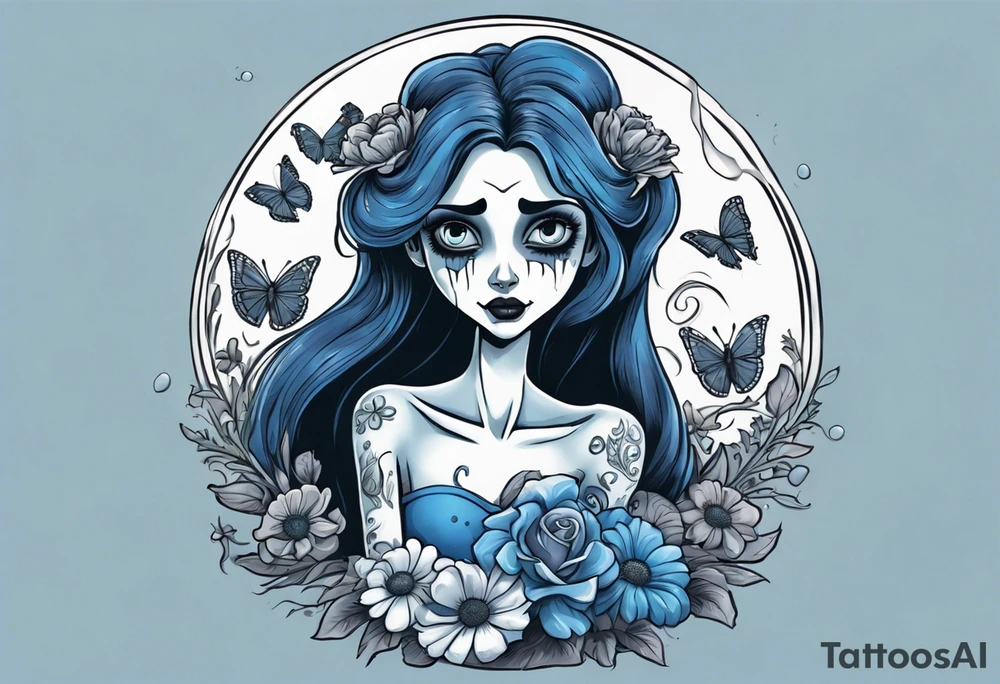 corpse bride Emily holding a bouquet of flowers. one white daisy in the bouquet. one blue butterfly. A full moon on the background. full grown tattoo idea