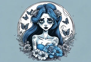 corpse bride Emily holding a bouquet of flowers. one white daisy in the bouquet. one blue butterfly. A full moon on the background. full grown tattoo idea