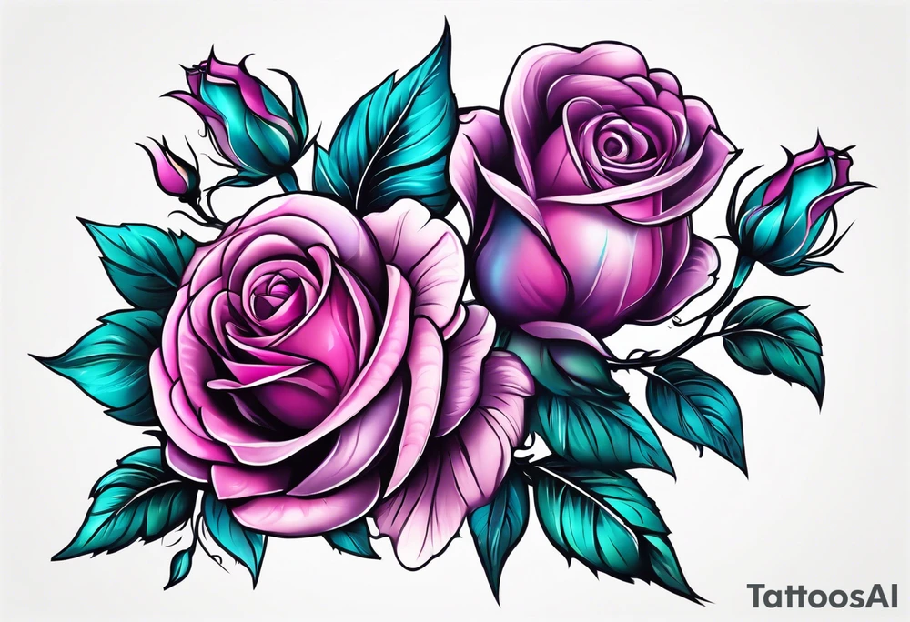Vertical Pink purple roses with teal leaves tattoo idea