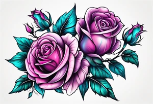 Vertical Pink purple roses with teal leaves tattoo idea
