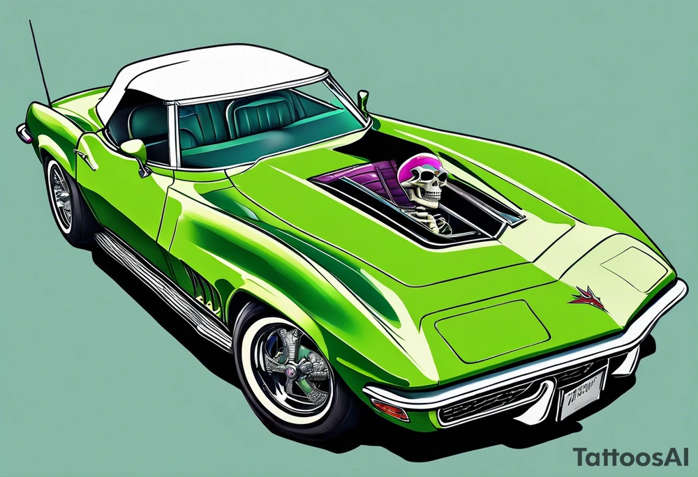 Skeleton smoking a cigarette driving a green 1976 convertible Corvette tattoo idea