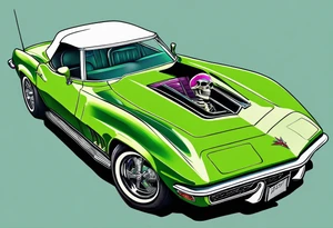 Skeleton smoking a cigarette driving a green 1976 convertible Corvette tattoo idea