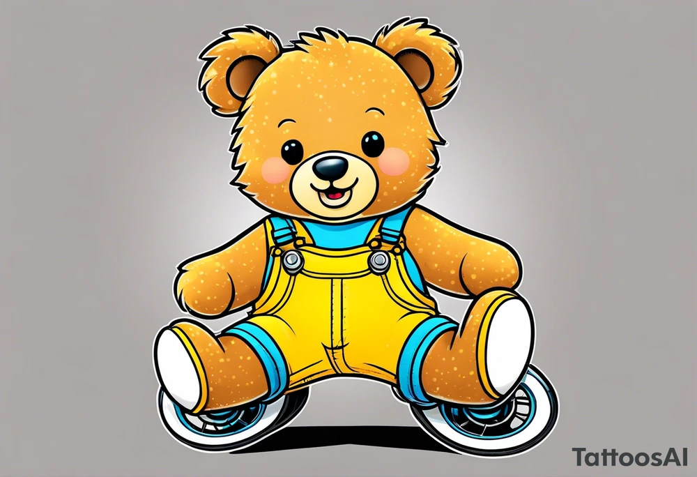 A light brown teddy bear in yellow overalls, rollerskating in rainbow colored skates tattoo idea