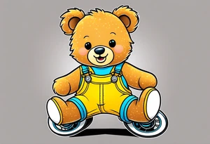 A light brown teddy bear in yellow overalls, rollerskating in rainbow colored skates tattoo idea