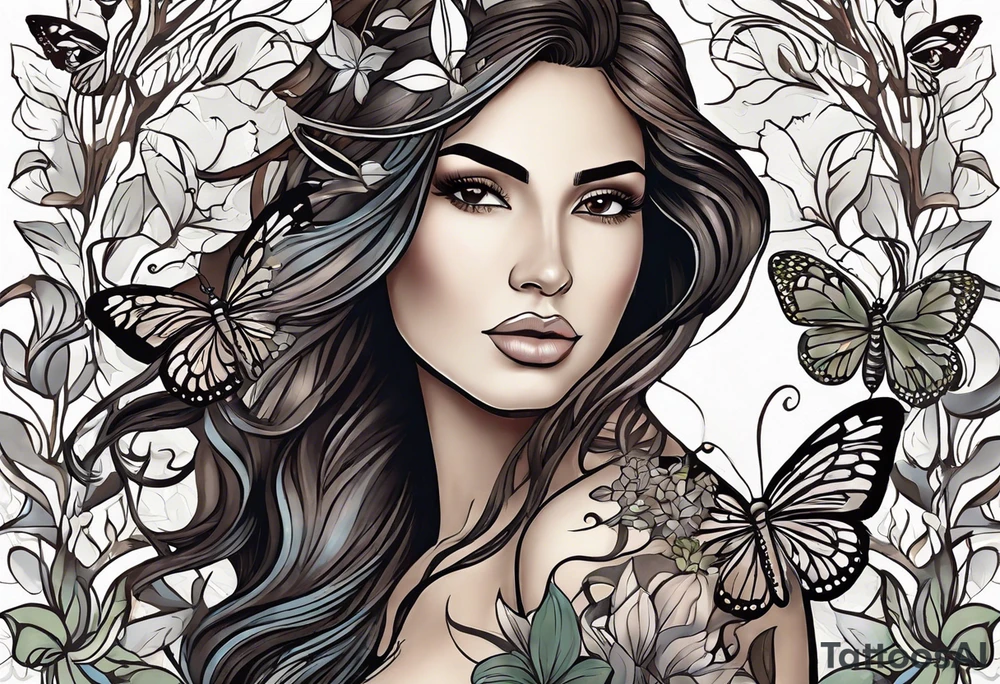 Portrait full length of Hispanic wood nymph made or bark and branches standing upright.  Butterflies in background. Lillies near her feet with colorful vegetation. tattoo idea