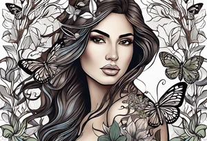 Portrait full length of Hispanic wood nymph made or bark and branches standing upright.  Butterflies in background. Lillies near her feet with colorful vegetation. tattoo idea