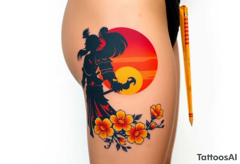 noble female samurai warrior silhouette at sunset with flowers, yellows and reds tattoo idea