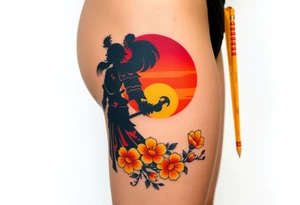 noble female samurai warrior silhouette at sunset with flowers, yellows and reds tattoo idea
