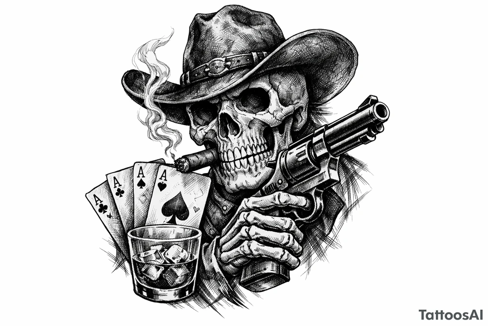 skull with cowboy-hat, cigar in his mouth, a gun in a hand, playing cards, whiskey-glass. tattoo idea