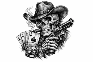 skull with cowboy-hat, cigar in his mouth, a gun in a hand, playing cards, whiskey-glass. tattoo idea