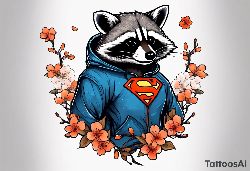 raccoon wearing a Superman hoodie with orange Japanese cherry blossoms tattoo idea