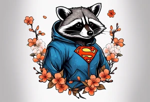 raccoon wearing a Superman hoodie with orange Japanese cherry blossoms tattoo idea