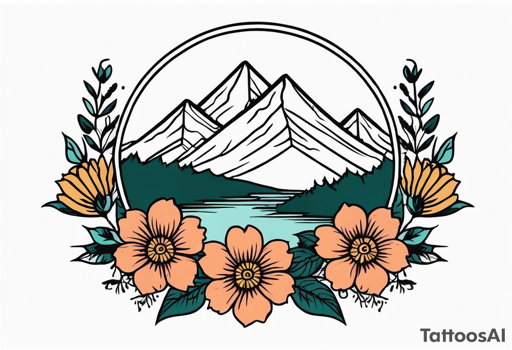 mountains
old school vintage simple traditional design with vintage flowers surrounding
bold color simple tattoo idea