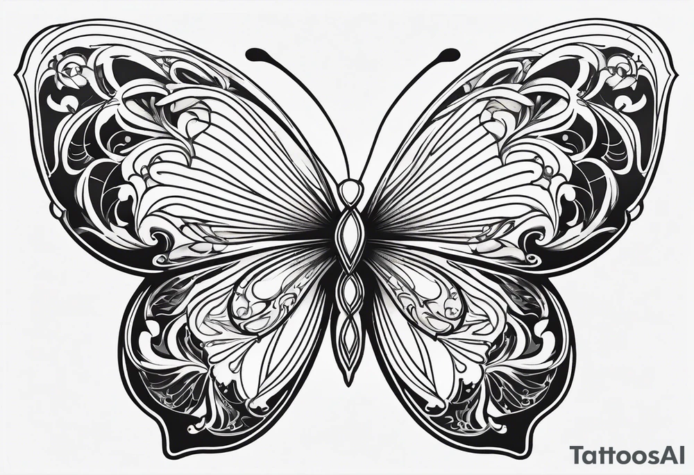 Elegant butterfly with Alphonse Mucha-inspired Art Nouveau curves, flowing organic lines forming the wings, and subtle floral motifs embedded within. tattoo idea