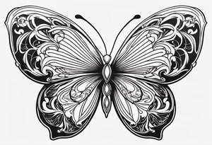 Elegant butterfly with Alphonse Mucha-inspired Art Nouveau curves, flowing organic lines forming the wings, and subtle floral motifs embedded within. tattoo idea