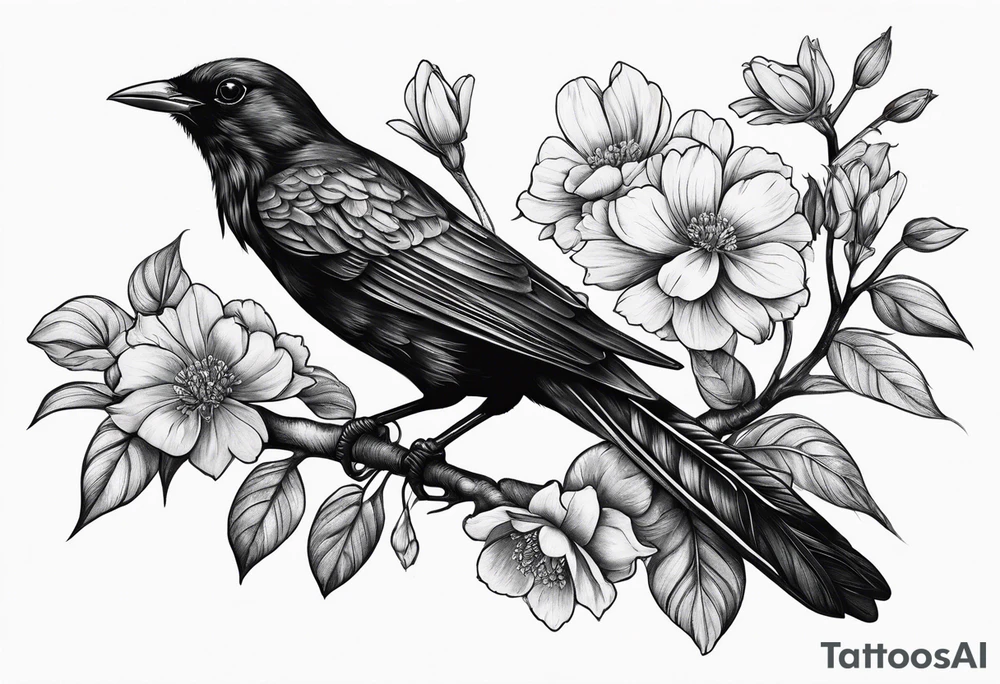 A black bird with its wings open on a branch with flowers tattoo idea