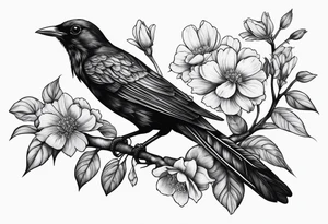 A black bird with its wings open on a branch with flowers tattoo idea