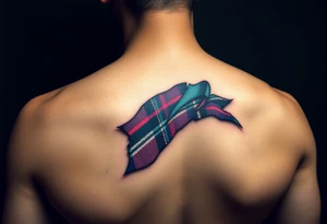 Tattoo on shoulder Dark Purple with green pink blue and white highlights tartan fabric 
with skin ripping away at edges tattoo idea