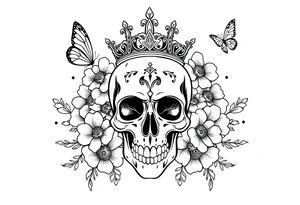 ornate skull adorned with gorgeous crown surrounded by boho flowers and butterflies tattoo idea