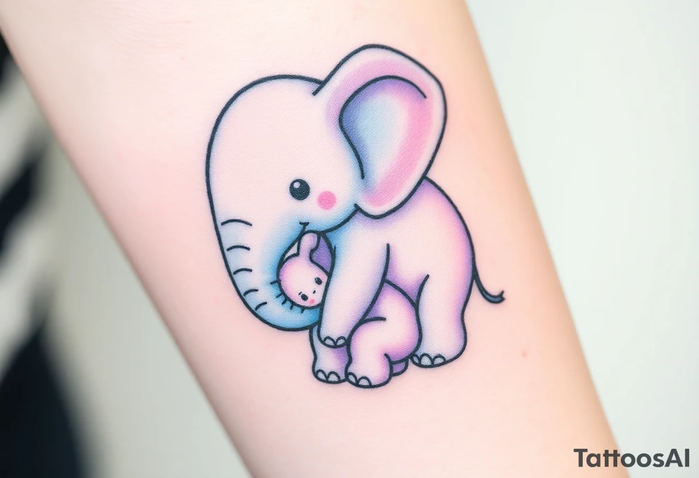 A mother elephant wrapping her trunk around her baby, with soft blues and purples representing wisdom and protection. tattoo idea