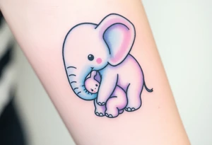A mother elephant wrapping her trunk around her baby, with soft blues and purples representing wisdom and protection. tattoo idea
