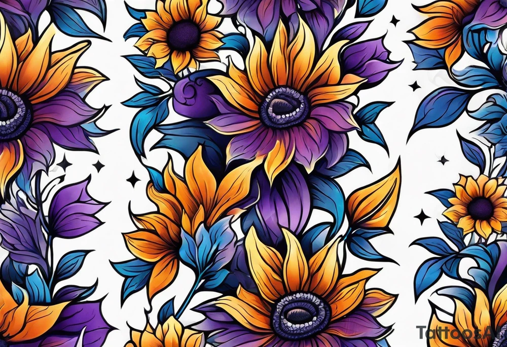 Full arm sleeve with purple, orange and blue sunflowers tattoo idea