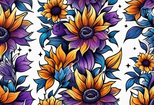 Full arm sleeve with purple, orange and blue sunflowers tattoo idea