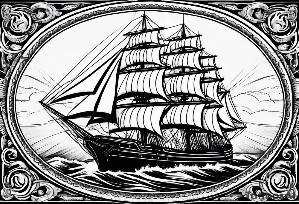 sailing ship in rough seas, front porfile, in oval with rope border, super imposed over crossed cannons, banner at bottom that says US Navy tattoo idea