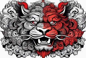 Sleeve tattoo 
Black and white, grey with red and scarlet accent. Japanese Shisa Okinawa, Thai yak/giant and Thai naga. Image of protection. tattoo idea